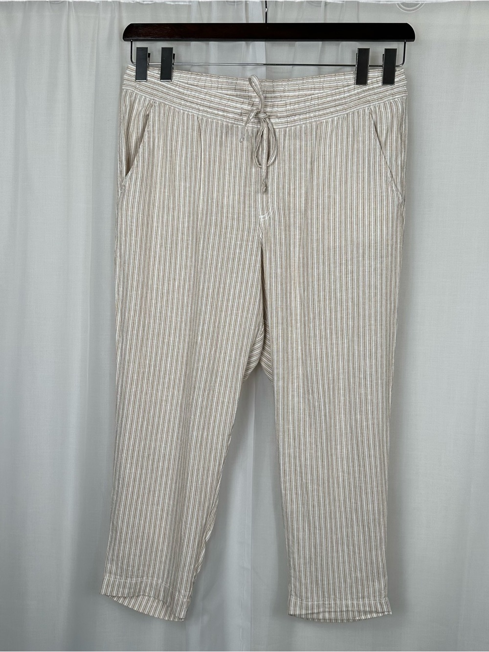 GAP Striped Easy‎ Pants XL Linen Blend Crop Ankle Pull On Drawstring Khaki